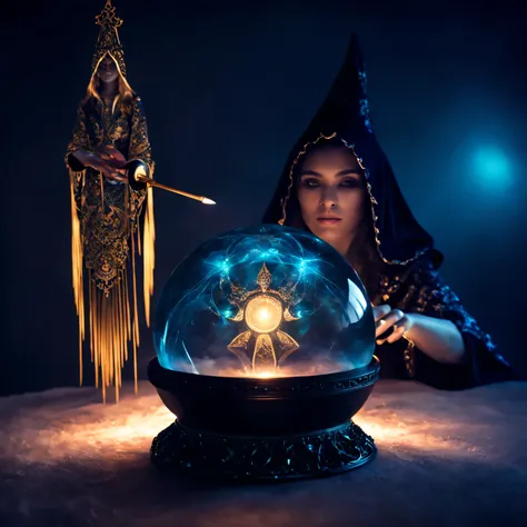 (double exposure:1,3), 3d rendering, raw digital photo, fractal, magic fortune telling ball, sorceress girl and magic staff, moo...