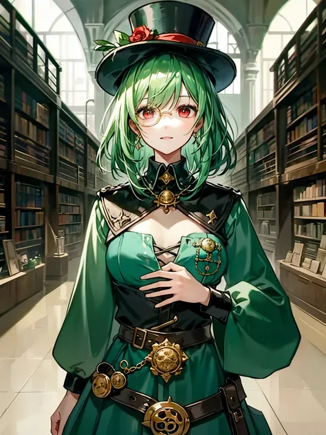 （（（masterpiece、Highest image quality、highest quality、highly detailed unity 8ｋwallpaper）））、（（Illustration of one girl、upper body））、（（（beautiful girl）））、（librarian）、（Emerald green hair、messy hair、sidelocks：1.2、red eyes、crazy smile）、（（（flat chest）））、（（（monocl...