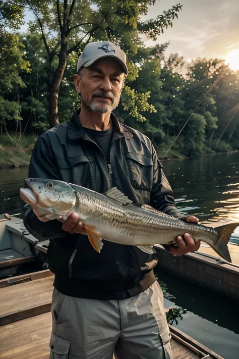 On the sandy bank of the Volga, opposite which rushes a dense forest, the fisherman is standing, amazingly successful in his hobby. A large carp shines in his hands, like the trophy of the day. Next to him on the sand lies a net, filled with fresh catch, a...