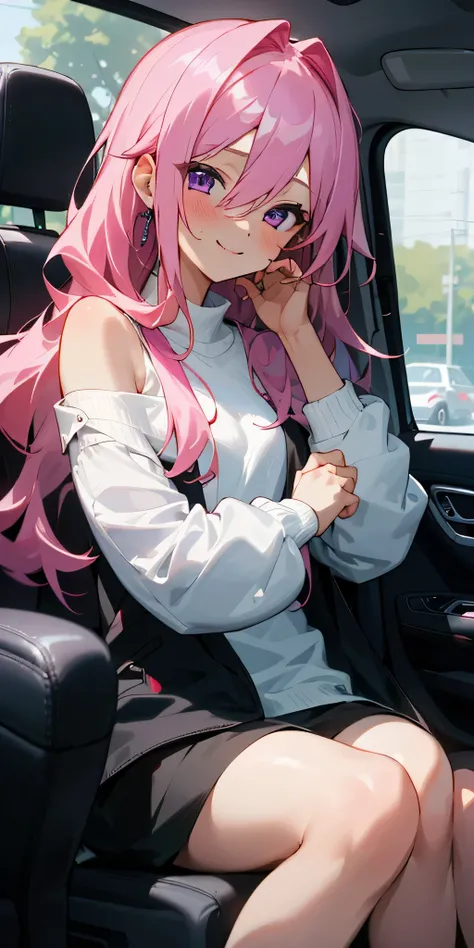 (masterpiece, best quality),1 girl sitting in a car ,1 girl, jewelry, Smile, looking at the audience, Automotive interior, alone,pink hair, purple eyes, steering wheel, blush, long hair, White shirt, take off shoulders, black jacket, hair between eyes, lon...