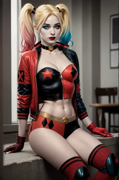 (masterpiece, best quality:1.2), harley quinn (rebirth), 1girl, solo, twintails, shorts, jacket, blonde hair, multicolored hair, gloves, makeup, breasts, fingerless gloves, navel, blue eyes, midriff, lipstick, pink hair, sneakers, shoes, knee pads, short...