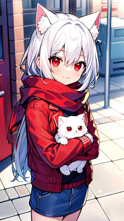 masterpiece, best quality, 1girl, white hair, medium hair, cat ears, red eyes, looking at viewer, :3, cute, red scarf,  blue jacket, outdoors, streets,