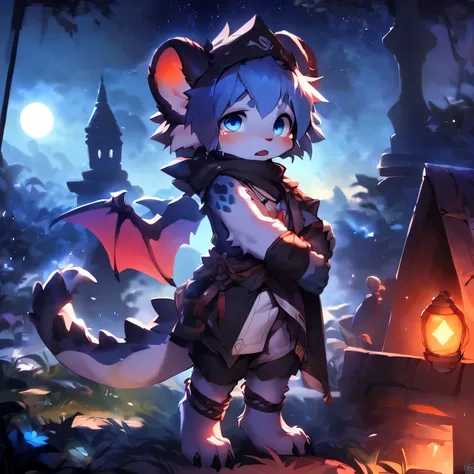 three quarter view，Dark blue body，fluffy hair，Shota，blue hair，toddler，blue eyes ， Lovely， Master masterpieces， high resolution，8k，Detailed background，high quality，horny boy，Dragons Horn，dragon tail，dragon scale，Dragon ，the only person，((author：Puinki,artis...