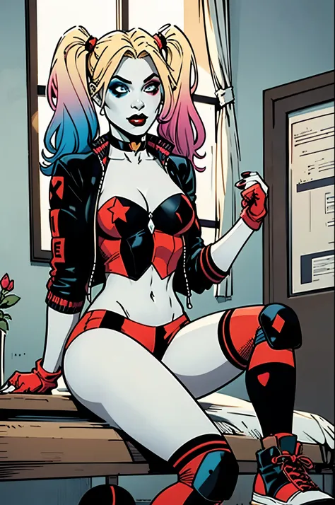 (masterpiece, best quality:1.2), harley quinn (rebirth), 1girl, solo, twintails, shorts, jacket, blonde hair, multicolored hair, gloves, makeup, breasts, fingerless gloves, navel, blue eyes, midriff, lipstick, pink hair, sneakers, shoes, knee pads, short...