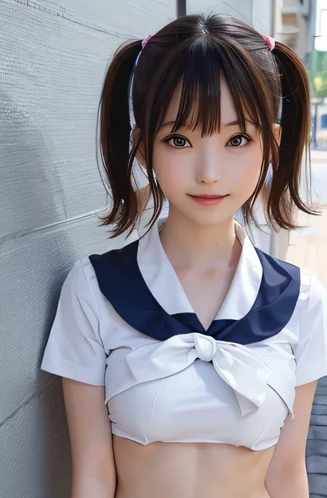 girl１people々 , 12 years old , ,smile, eyes are brown, table top, highest quality,(get used to it),(naked),school zone, blurred background、Navel exposure , （服を脱ぐとchest comes out）、(((Uniform with visible breasts)))、（chest comes out）,（nipple）、（areola）、（Half-d...