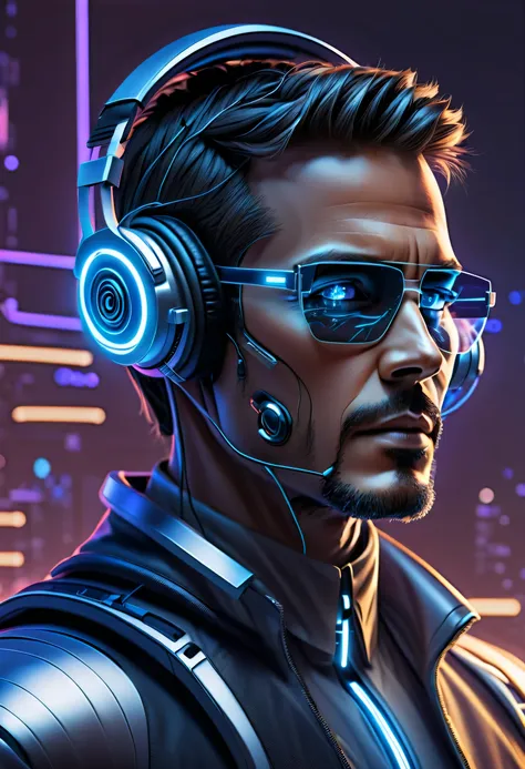 visualize a radio host who appears to be cyber-enhanced and somewhat robotic, donning futuristic headphones. this host stands ta...