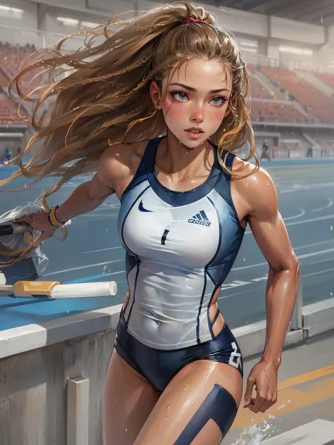 high quality,hd,16k,sharp line,1girl,female track and field athlete ,cute face, middle breasts, nice legs, wet hair,wet skins,in track and field,focus girl,detailed beautiful face,detailed clothes,beautiful eyes,cool,dynamic angle