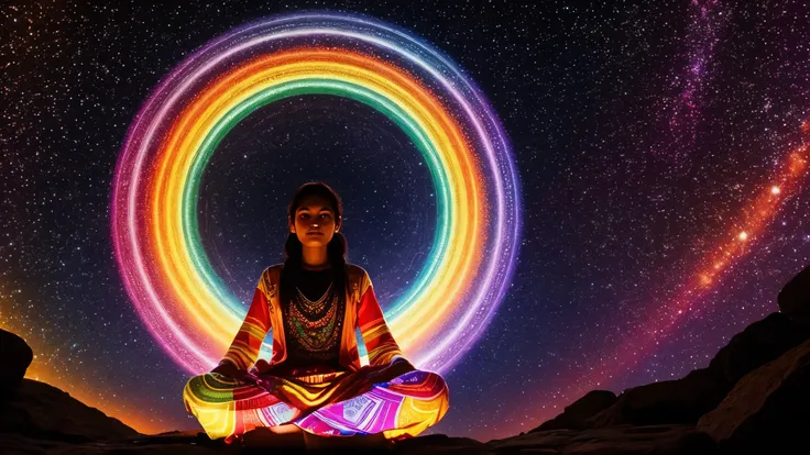 Collecting the energy of the universe, person sitting in the middle, Covered with colorful patterns, light surrounds, 