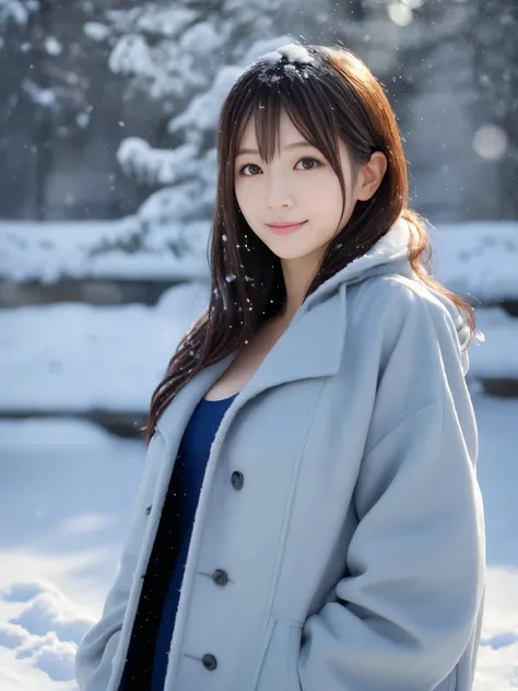 realistic pictures (1 Cute Japanese gravure idol) shoulder length hair, light makeup, big breasts, wear a down coat, in the snow, clear facial features, 8K high resolution, sharp and realistic details.from outside, eye level shot, f/4.0, 135mm, fujifilm, j...