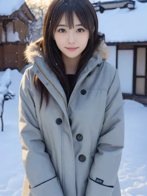 realistic pictures (1 Cute Japanese gravure idol) shoulder length hair, light makeup, big breasts, wear a down coat, in the snow, clear facial features, 8K high resolution, sharp and realistic details.from outside, eye level shot, f/4.0, 135mm, fujifilm, j...