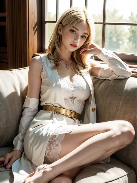 High detail CG，rich details​，Sunlight shines through the windows，The body emits a halo，Palatial castle，Dress normally，inside, He is wearing a vest，The outside is covered with a white coat。，lying on sofa，teens girl，Wear an exaggerated necklace，Blonde hair, ...