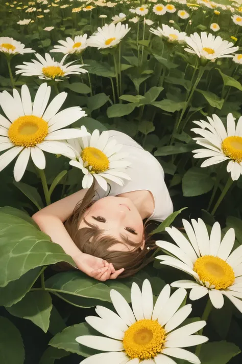 Watercolor painting of a charming Dutch Indonesian girl, engrossed in coloring a serene field of daisies. The image showcases a predominantly monochromatic palette, with selective pops of yellow and red hues to bring the blooms to life. Minimalist in natur...