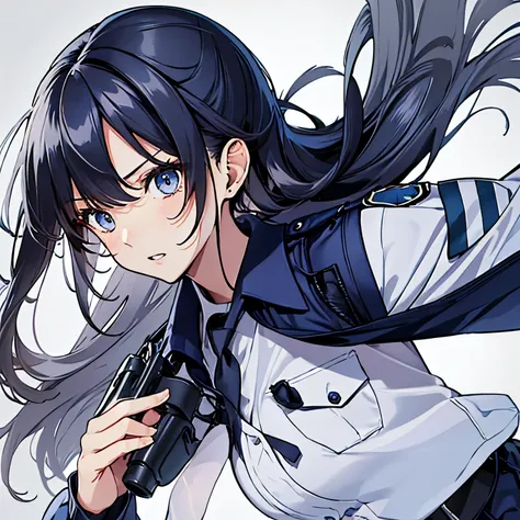 【Highest Quality, masutepiece】 [1 girl,expressioness, Female Police Officer ,Jet black head of hair, beautifull detailed face, Very blue eyes, large full breasts, Long hair fluttering in the wind, jet-black hair, Serious look, Upper body] (Gray white backg...