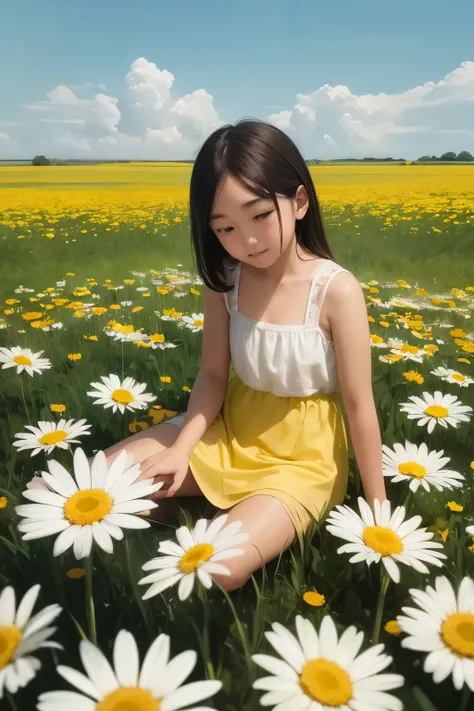 Watercolor painting of a charming Dutch Indonesian girl, delicately coloring a field of minimalist daisies. The artwork primarily embraces monochromatic shades, with subtle accents of sunlit yellow and pops of vibrant red, creating an ethereal and evocativ...