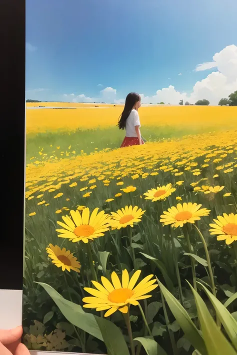 Watercolor painting of a charming Dutch Indonesian girl, delicately coloring a field of minimalist daisies. The artwork primarily embraces monochromatic shades, with subtle accents of sunlit yellow and pops of vibrant red, creating an ethereal and evocativ...