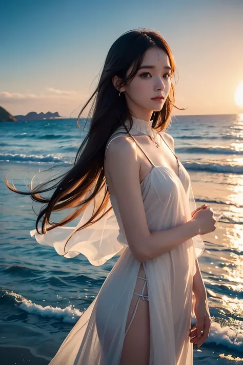 (Yoona), high quality, 8K Ultra HD, A beautiful double exposure that combines an goddess silhouette with sunset coast, sunset coast should serve as the underlying backdrop, with its details incorporated into the goddess , crisp lines, The background is mon...