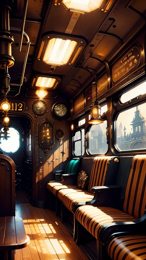 steampunkai。Steampunk style train passenger interior。