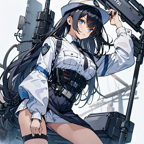 【Highest Quality, masutepiece】 [1 girl,expressioness, Female Police Officer ,Jet black head of hair, beautifull detailed face, Very blue eyes, large full breasts, Long hair fluttering in the wind, jet-black hair, Serious look, Upper body] (Gray white backg...