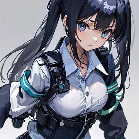 【Highest Quality, masutepiece】 [1 girl,expressioness, Female Police Officer ,Jet black head of hair, beautifull detailed face, Very blue eyes, large full breasts, Long hair fluttering in the wind, jet-black hair, Serious look, Upper body] (Gray white backg...