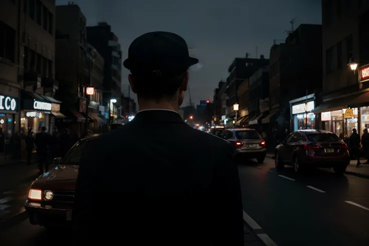 1man, smoking, suit, hat, car, city, lights, nights, close up, from behind, movie, cinematic