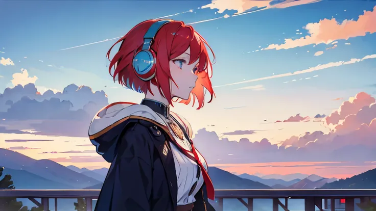 In the distance of beautiful rocky mountains and blue sky, a woman with red hair and a bob cut in modern clothing is wearing headphones and looking up at the sky.、The atmosphere of Alphonse Mucha, where the scenery is the main focus