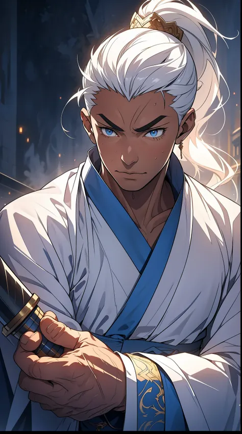 Two dimensions，anime style，one person（male warrior），proportions are correct，facial details，swordsman，high ponytail hairstyle，neck detail，Have an Adam&#39;s apple，White robe，joke，white robe，clothing details，transfer，long sleeves，Game quality，fencing，Ray tra...