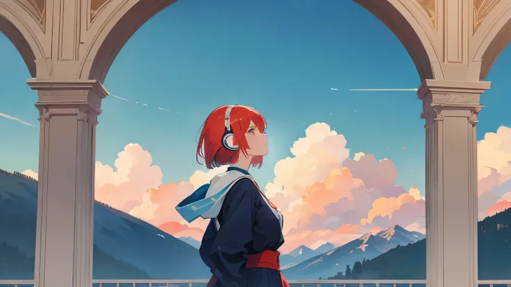 In the distance of beautiful rocky mountains and blue sky, a woman with red hair and a bob cut in modern clothing is wearing headphones and looking up at the sky.、The atmosphere of Alphonse Mucha, where the scenery is the main focus