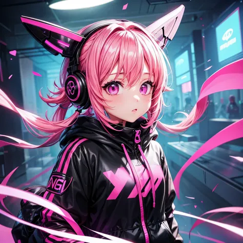 black and pink mesh hairstyle,Girl using fluorescent pink headphones,Cute with big eyes,Describe the whole body,Wearing a pink hoodie,2D illustration,cyber punk