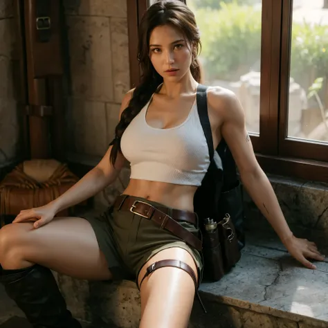 lara croft、Lara Croft、lara croft、tomb raider、tomb raider、real babe、big breasts、big breasts、big 、one person、1 person、1 personでいる、fallen position、SEX、Tank top、shorts、belt、double sided holster、Knee-high boots