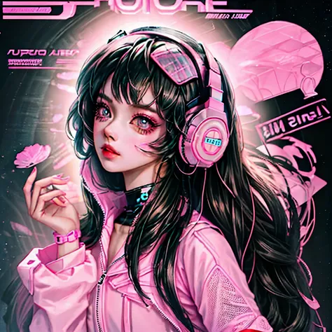 black and pink mesh hairstyle,Girl using fluorescent pink headphones,Cute with big eyes,Describe the whole body,Wearing a pink hoodie,cyber punk,Straddling a motorcycle,wearing rider boots