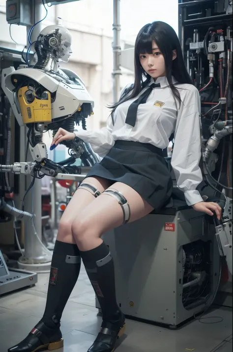 masterpiece, best quality, extremely detailed, Japaese android girl,Plump , control panels,android,Droid,Mechanical Hand, Robot arms and legs, Black hair,Blunt bangs,perfect robot girl,long tube,thick cable connected her neck,android,robot,humanoid,cyborg,...