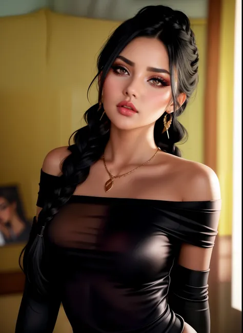 Sexy woman, black hair, single braid, seductive eyes, intense gaze, mouth parted, deep blush, flustered, beautiful face, amazing makeup, off shoulder t shirt