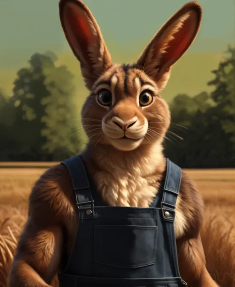 farm setting, rabbit, lagomorph, muscular, overalls, smile512, looking at viewer, by kenket, (sharp focus, masterpiece, 8k, intr...