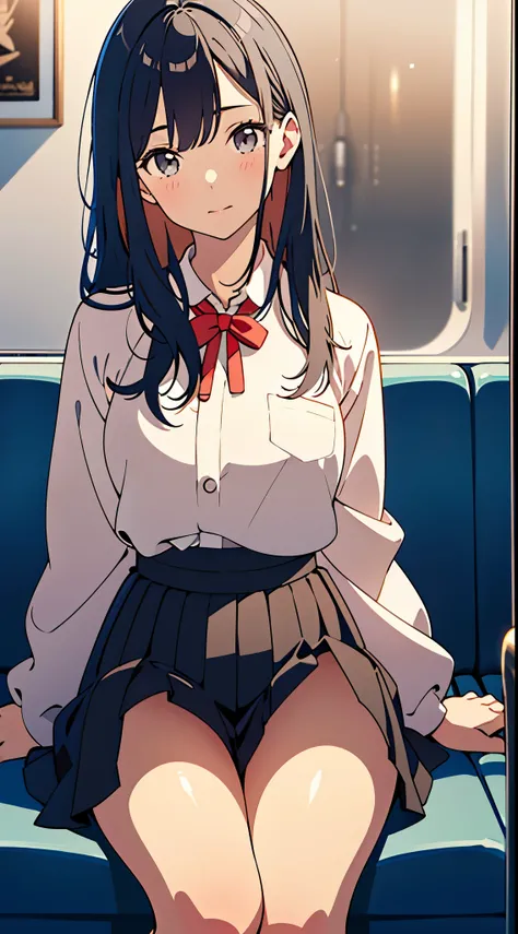 "(masterpiece, High resolution, Ultra High resolution, 4K) black hair, Japan girl at 14 years old, uniform skirt, emphasizing thighs, white thighs, soft thighs, Gorgeous thighs, Sitting on the train, face to face angle, (angle from below),sitting on a trai...