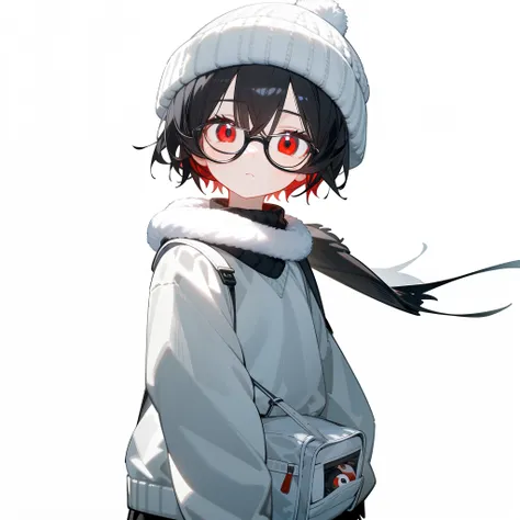 (masterpiece), best quality, expressive eyes, perfect face, red eye, black beanie, fluffy cut black hair, black scarf, tool bag black, black school sweater, short skirt, Round Glasses Black,