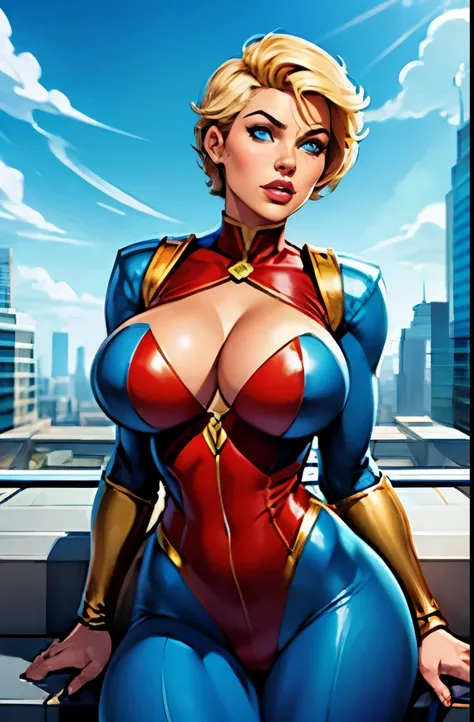 power girl, short pixie haircut, shaved on one side, super large breasts. pose sensual, relaxed, flying above the city, bright blue eyes, full big lips. thick thighs. wearing a mechanized power suit, very complex 