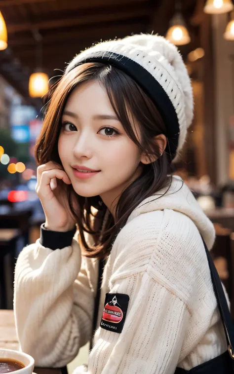 Cute Japanese 21 years old、Drink coffee in a café、Nice café、Her face is very thin、Attention to detail、double eyelid、Beautiful thin nose、sharp focus:1.2、beautiful woman:1.4、(light brown hair、short hair、) 、pure white skin、highest quality、masterpiece、ultra hi...