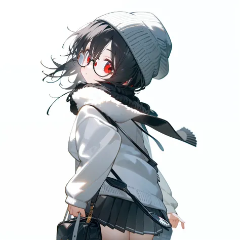 (masterpiece), best quality, expressive eyes, perfect face, red eye, black beanie, fluffy cut black hair, black scarf, tool bag black, black school sweater, short skirt, Round Glasses Black,