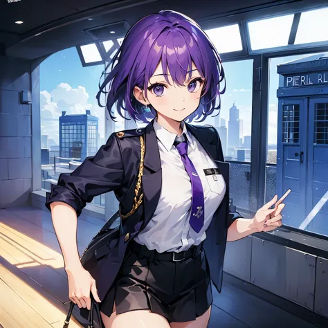 (T Masterpiece，4k wallpaper，best quality))、((girl１people))、(solo)、Brilliant，(purple hair)、(shortcut:1.3)、smile、police box、police officer