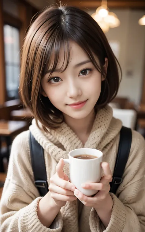 Cute Japanese 21 years old、Drink coffee in a café、Nice café、Her face is very thin、Attention to detail、double eyelid、Beautiful thin nose、sharp focus:1.2、beautiful woman:1.4、(light brown hair、short hair、) 、pure white skin、highest quality、masterpiece、ultra hi...