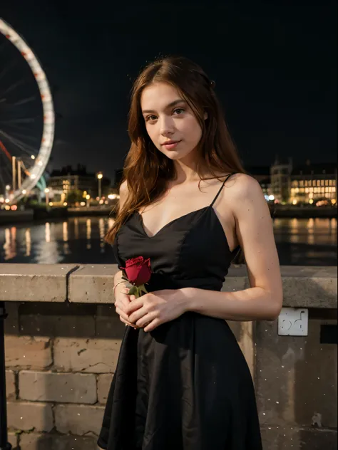 Redhead girl with black dress in london showing the london eye behind, holding a red rose