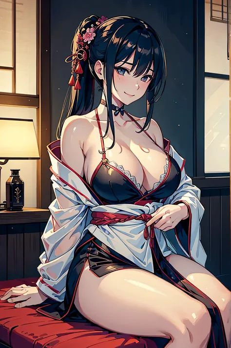 (ultra-detailed,photorealistic,best quality),(beautiful,detailed), dynamic lighting, 4k, detailed, female japanese masseuse in a kimono, massage parlour as setting, warm lighting. massage table, lotion in the background, oil, female smirking, evil smirk, s...