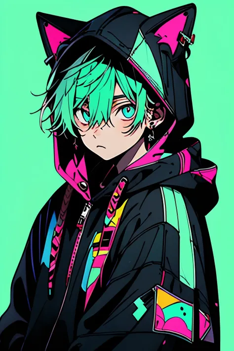 (best quality, masterpiece:1.2),1boy,niji,hood, seafoam green hair,pink background,hood up,hair between eyes,looking at viewer,s...