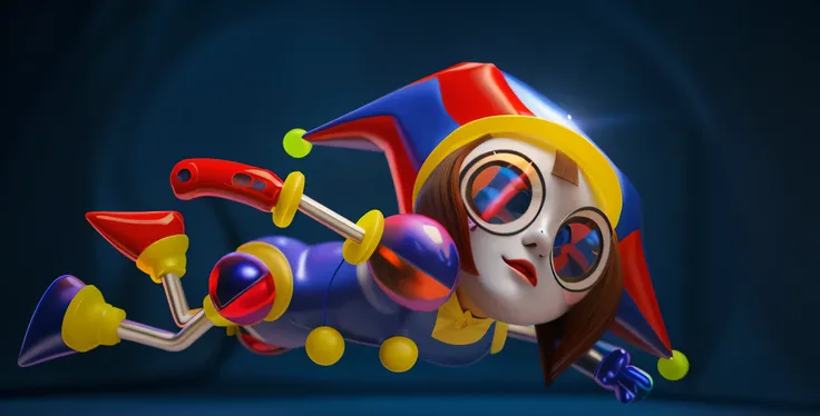 character with a doll-like smooth glossy face. Close-up of a cartoon girl wearing a clown hat., Stylized 3D, Clown doll, jester toy, 3d model glossy texture, smooth 3d model, Multiple light sources, rim light, sharp rendering of post-effects, (Glossy metal...