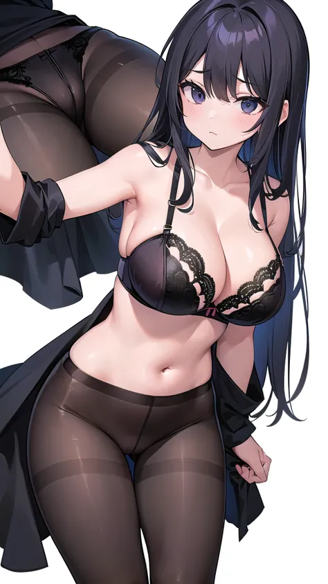 1 girl, ((sexy bra、sexy panties、pantyhose)), I can see the cleavage, huge breasts, black hair, long hair, straight hair, black eye ,((white background)), whole body, Standing picture, Expressionless