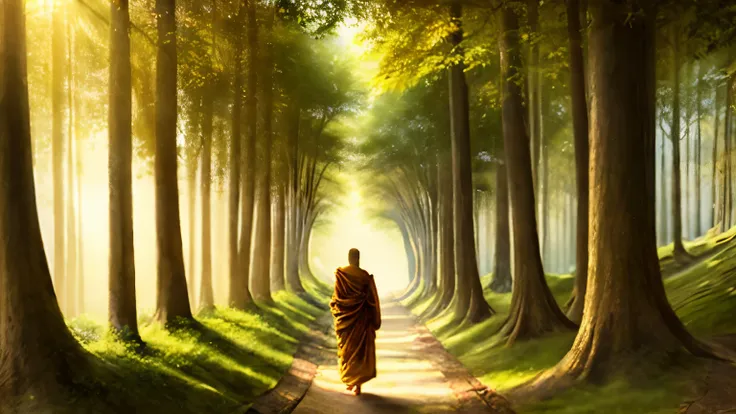 A novice Buddhist monk walks along a winding forest path, the earth soft beneath his bare feet, towering trees whispering ancient wisdom, shafts of golden sunlight piercing through the canopy, a sense of wonder and discovery in the air, Illustration, penci...