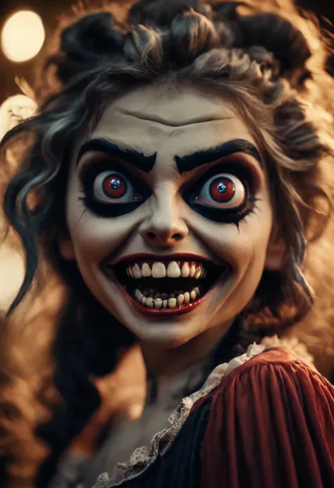 cinematic film still of  sharp detailed, Cinematic Vintage Hollywood Film Style
 a vampire gypsy woman with vampire teeth and big eyes and a weird face and a weird messy hair cinematic vampire film style
 shallow depth of field, vignette, highly detailed, ...