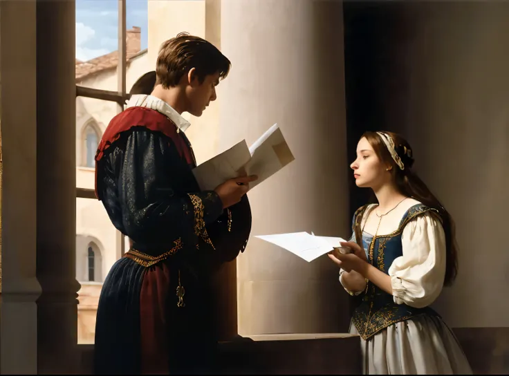 romeo and juliet men and women handling letters to each other