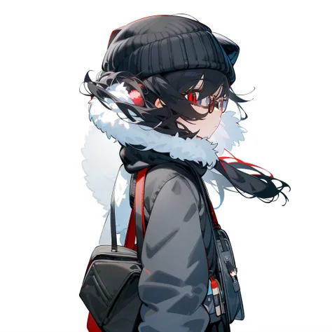 (masterpiece), best quality, expressive eyes, perfect face, red eye, black beanie, fluffy cut black hair, black scarf, tool bag black, black school sweater, short skirt, Round Glasses Black, simple backgrown