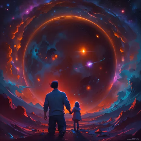 Imagine a spiritual representation where the mother, father and son are united, Holding hands, immersed in a spiritual existence with luminous tones predominant in red and blue. Esta cena, emocionante e lindo, deve ser visualmente impressionante, with stun...